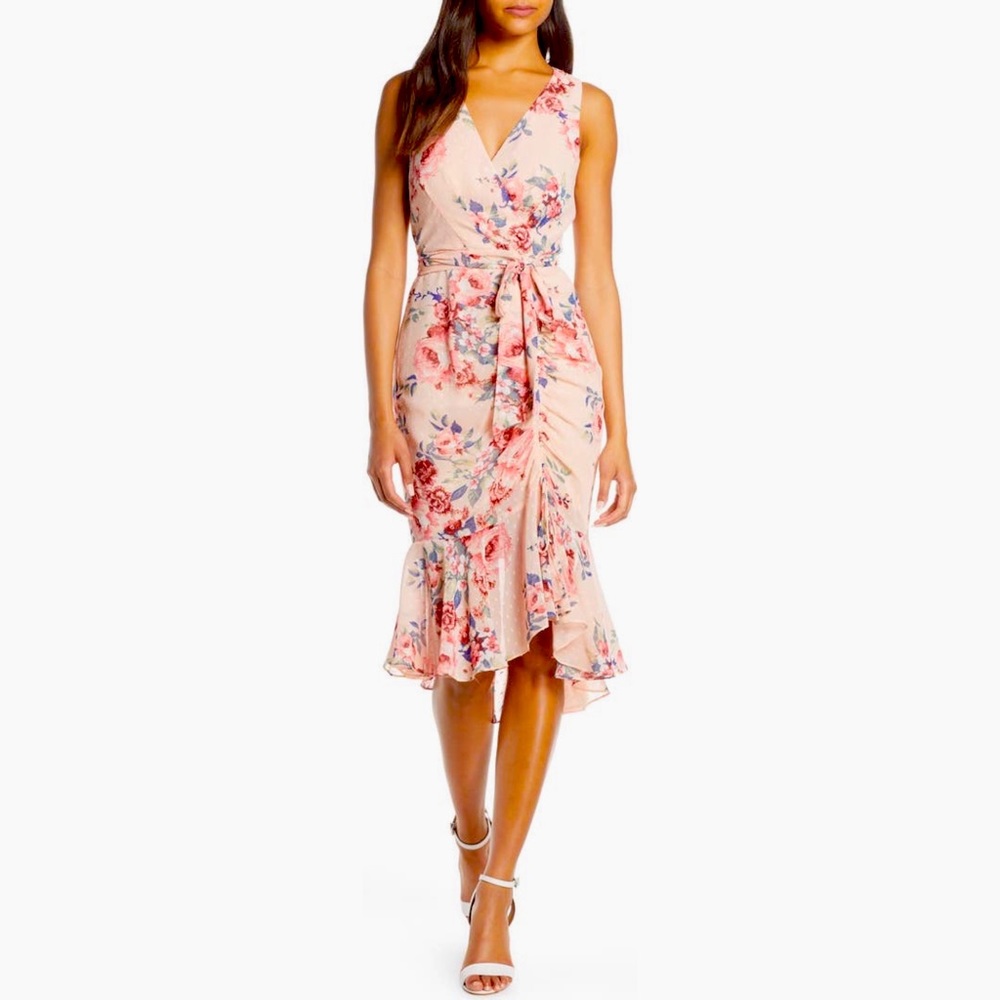 Eliza J Floral Rouched Chiffon Faux Wrap Dress
